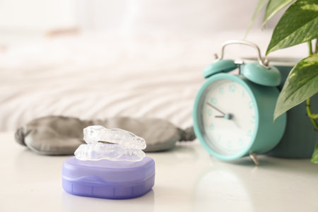 Box with occlusal splint, sleeping mask and alarm clock on table in bedroom, closeupの写真素材