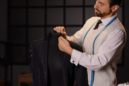 Male tailor sewing jacket on mannequin in atelier at night