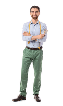 Male tailor with scissors on white backgroundの写真素材