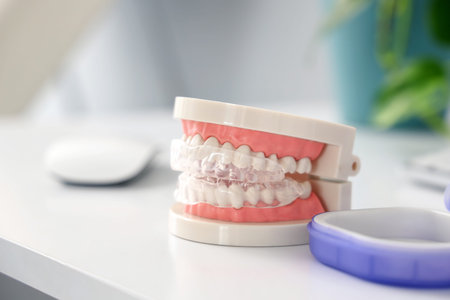 Jaw model with occlusal splint on table in dentist's office, closeup