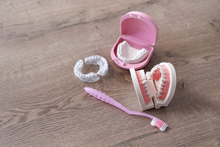 Occlusal splint, jaw model and toothbrush on wooden table