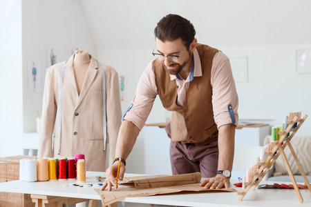 Male tailor working with pattern at table in atelier
