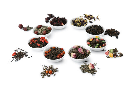 Bowls with different fruit tea on white backgroundの写真素材