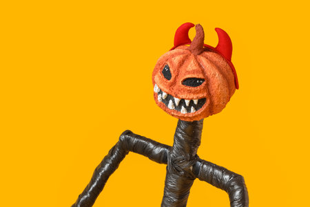 Spooky Halloween monster with horns on yellow backgroundの写真素材