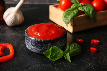 Bowl of tasty tomato sauce with basil leaves and garlic on black backgroundの写真素材