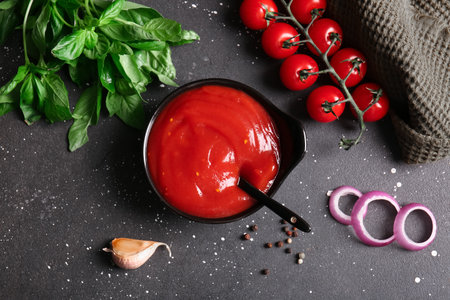 Bowl of tasty tomato sauce and different ingredients on black backgroundの写真素材