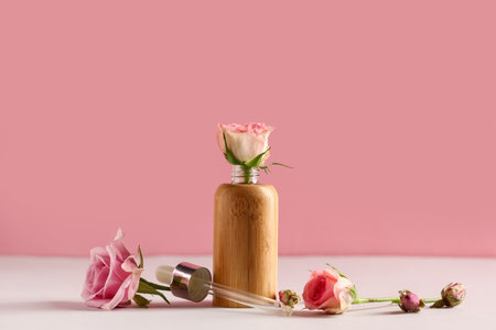 Composition with bottle of rose essential oil on white table near pink wall, closeupの写真素材