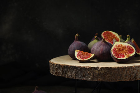 Wooden board with fresh ripe figs on black backgroundの写真素材