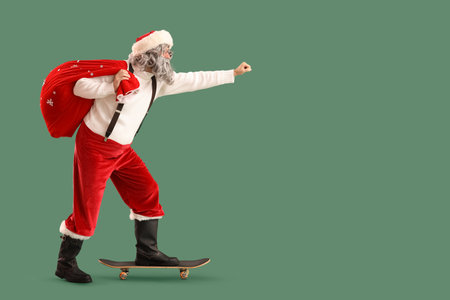 Santa Claus with bag full of gifts riding skateboard on green backgroundの写真素材