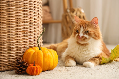 Cute cat with pumpkins, fir cone and leaf lying at home on autumn dayの写真素材
