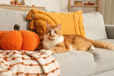 Cute cat with pumpkin pillow lying at home on autumn dayの写真素材