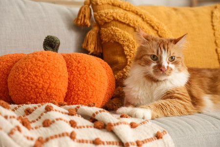 Cute cat with pumpkin pillow lying at home on autumn dayの写真素材