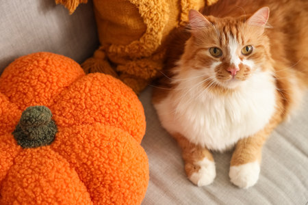 Cute cat with pumpkin pillow lying at home on autumn day, closeupの写真素材
