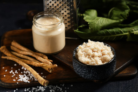 Wooden boards, jar and bowl of sauce on black grunge background, closeupの写真素材