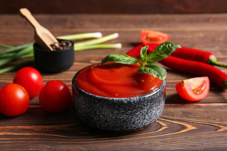 Bowl of tasty tomato sauce and different ingredients on wooden backgroundの写真素材