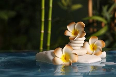 Lake with spa stones and beautiful plumeria flowers in tropical bamboo gardenの写真素材