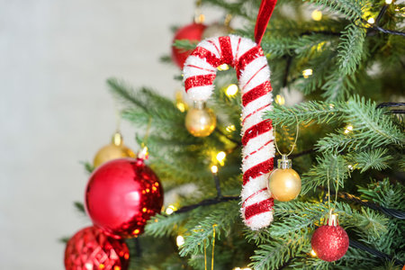 Closeup view of beautiful baubles, candy cane and glowing lights hanging on Christmas tree in...