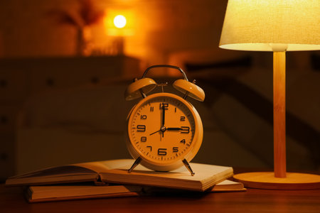 Alarm clock, glowing lamp and books on table in dark living room, closeupの写真素材
