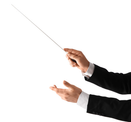 Hands of male conductor with baton on white backgroundの写真素材