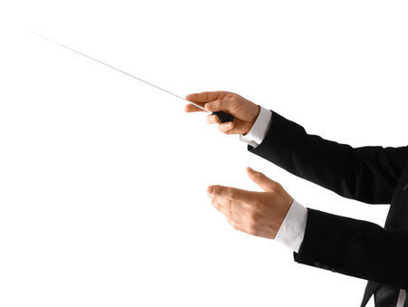 Hands of male conductor with baton on white backgroundの写真素材
