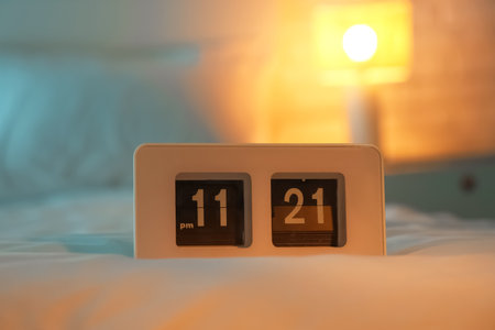 Alarm clock on bed in dark bedroom, closeupの写真素材