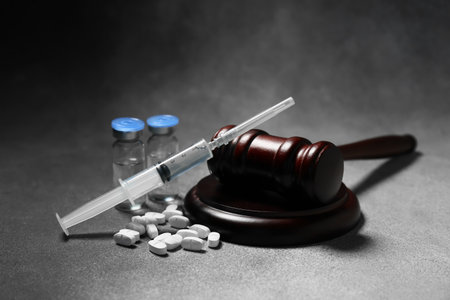 Judge gavel with pills, ampules and syringe on grunge gray background. Concept of health care reformの写真素材