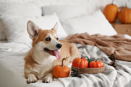 Cute Corgi dog with pumpkins and pine cones lying on bed at homeの写真素材