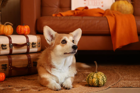 Cute Corgi dog with pumpkins lying on floor at homeの写真素材
