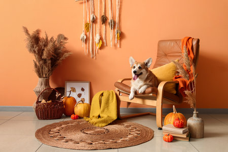 Cute Corgi dog with pumpkins lying on armchair at homeの写真素材