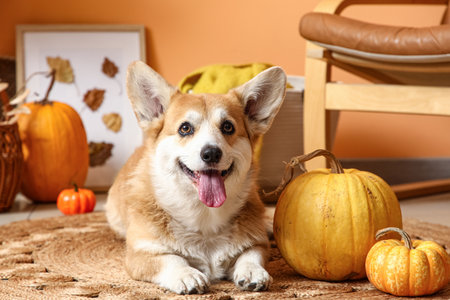 Cute Corgi dog with pumpkins lying on floor at homeの写真素材