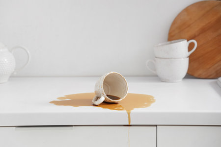 Overturned cup and spilled coffee on table in kitchenの写真素材
