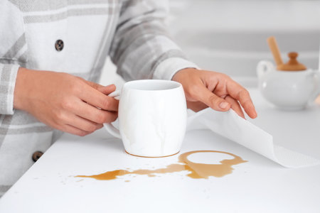 Woman with paper towel wiping coffee stains from table in kitchenの写真素材