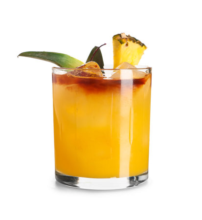Glass of tasty Mai Tai cocktail with pineapple on white background