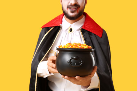 Young man dressed as vampire for Halloween with cauldron of candy corns on yellow backgroundの写真素材