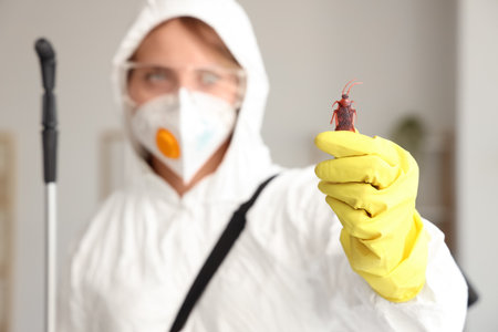 Female pest control specialist with cockroach in room, closeupの写真素材