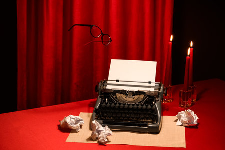 Vintage typewriter, burning candles and flying eyeglasses on table near red curtainの写真素材