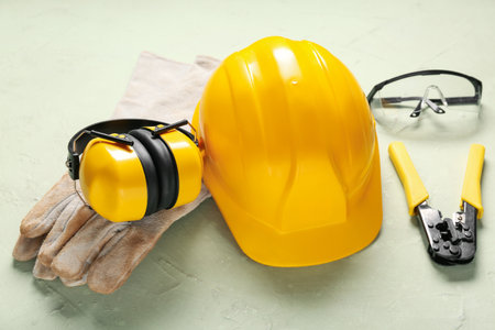 Hardhat with protective earmuffs and safety equipment on green grunge backgroundの写真素材