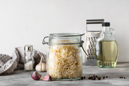 Jar with tasty sauerkraut, peppercorns and garlic on gray tableの写真素材