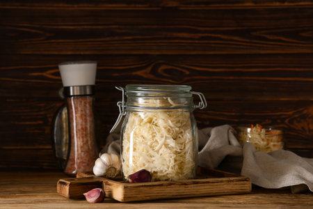 Jar with tasty sauerkraut and garlic on wooden backgroundの写真素材