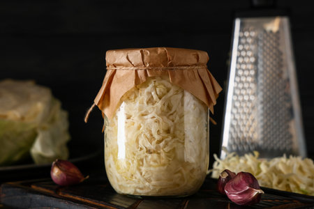 Jar with tasty sauerkraut and garlic on black backgroundの写真素材