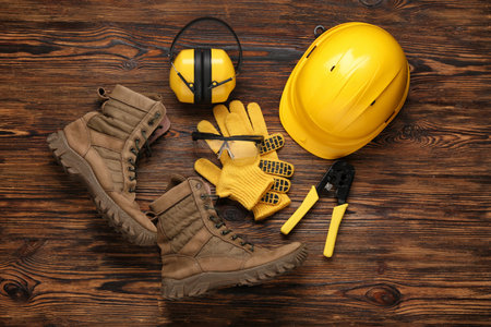 Hardhat, boots and safety equipment on wooden backgroundの写真素材
