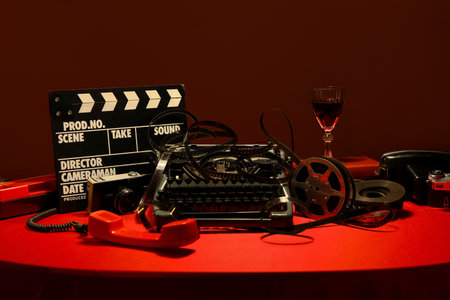 Vintage typewriter, telephone, film reel, clapperboard and photo camera on red table near brown wall, closeupの写真素材