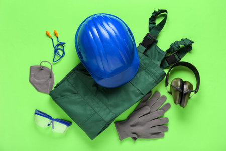 Hardhat, uniform and safety equipment on green backgroundの写真素材