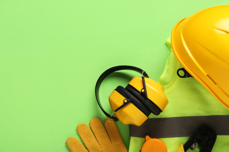 Hardhat, vest and safety equipment on green backgroundの写真素材