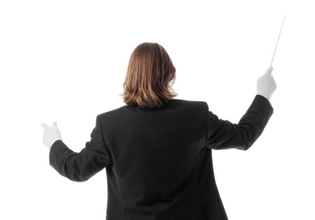 Male conductor on white background, back view