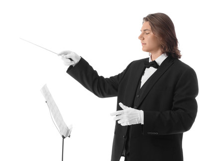 Male conductor with note sheets on white backgroundの写真素材