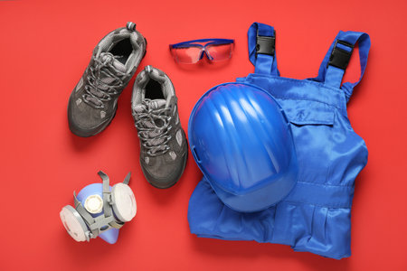 Hardhat, respirator, safety glasses and boots on red backgroundの写真素材