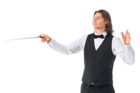 Young male conductor on white backgroundの写真素材