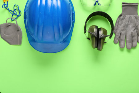 Hardhat and safety equipment on green backgroundの写真素材