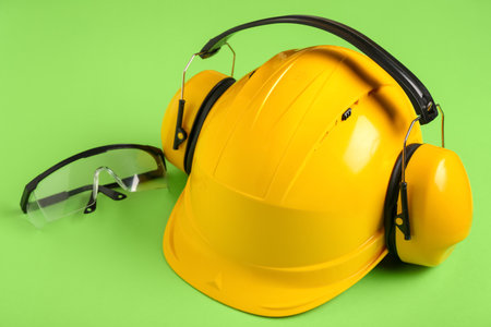 Hardhat with protective earmuffs and safety glasses on green backgroundの写真素材